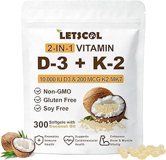 2-in-1 Vitamin D3 K2 Supplement Softgel, Vitamin D3 10000 IU and Vitamin K2 200 mcg, K2 MK7 with D3 Vitamin Supplement Support Immune, Heart, Joint, Teeth & Bone Health
