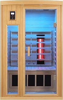 LTCCDSS Ceramic Far Infrared Sauna 2 Person, Low EMF Infrared Sauna for Home with 1760W, Hemlock Wood, 6 Heaters+2 Ceramic Heating Cube, 2 Bluetooth Speakers, Chromotherapy, LCD Display Dual Control