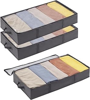 Lifewit Under Bed Storage Bag Organizer with Reinforced Handle Thick Fabric Clear Window Large Capacity Foldable Underbed Storage Container for Clothes Blankets Set of 3 Organization and Storage, Grey