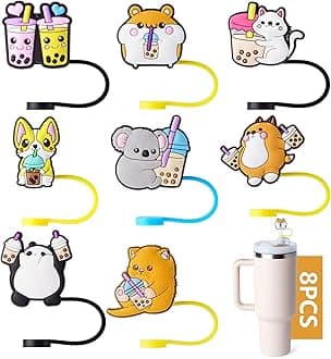 8-Piece Cartoon Milk Tea Straw Covers for Stanley Cup, 0.4in/10mm Diameter Straw Toppers Cap,Compatible with Stanley 20 30&40 0z Cup, Dust-Proof Straw Caps for Water Bottle