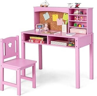 GYMAX Kids Desk and Chair Set, Wooden Children Study Table with Storage Space and Bulletin Board, Toddler Writing Desk Set for Boys Girls, 79 x 39 x 85 cm (Pink)