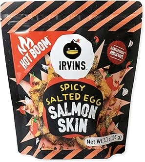 Hot Boom Salted Egg Salmon Skin Chips & Crisps – Explosively Spicy, Premium Hand Cooked, Halal, Keto-Friendly, High Protein Snack | Dangerously Addictive | (3.3 oz / 95g)
