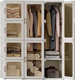 Dripex Portable Wardrobe Closet Storage Organizer Transparent Door Panels,Suitable for Living Room, Bedroom,Plastic Wardrobe with Magnetic Door and Easy Assembly