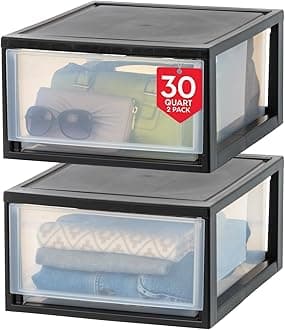 30 Qt. Plastic Drawer Storage Organizer Stacking Drawers, 2-Pack, Stackable Unit with Sliding Drawer for Clothes Bedroom Kitchen Under Sink Pantry Craft Room Bathroom Dorm Office, Black
