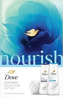 Dove Nourish Body Wash Collection Gift Set with a luxury shower puff skin care gifts for her 2 piece
