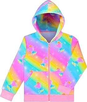 Girls Zip Up Hoodie Jacket Unicorn Rainbow Mermaid Sweatshirt with Pockets for Toddler Kid 3-9 Y