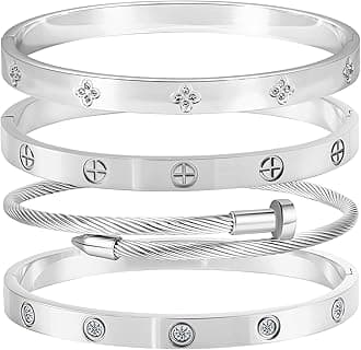 Stainless Steel Bangle Bracelet Set for Women - Silver/Gold Love Bangle Non Tarnish Jewelry with Sparkling Crystal Inlay for Love Gifts