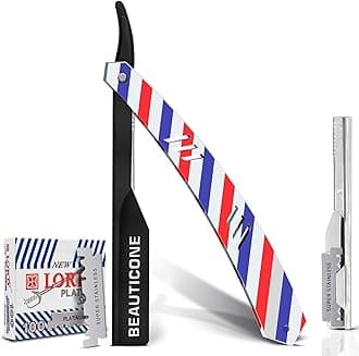 BEAUTICONE Straight Razors for Men, Straight Edge Razor, Single Edge Replacement Blades, Stainless Steel, Barber Razor for Men's Shaving, Barber Shaving Knife (Barber Pole)