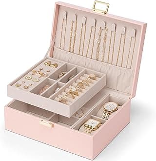 Vlando 2 Layer Jewelry Box Large Jewelry Organizer for Women Removable Jewelery Tray with Watch Pillow for Necklace Earrings Rings Bracelets Jewelry Boxes for Christmas Gifts Mother's Day Gifts (Pink)
