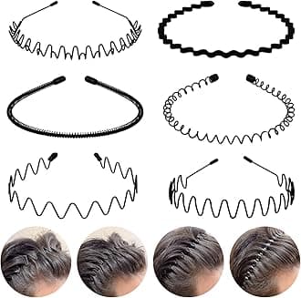 Metal Hair Bands Feather Wavy Headband Unisex Black Wavy Headband Polished Backwards Non-Slip Sports Hair Band for Women Men 6 Pack