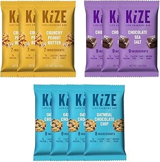 KiZE Energy Bars - Gluten Free, Dairy Free, Non-GMO, and High Protein Meal Replacement Energy Bars, Clean and Simple Food Ingredients - New Flavors Variety Pack, 7g High Protein Snacks, (30 Count)