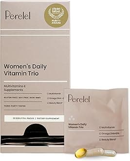 Perelel Womens Daily Vitamin Trio, Multivitamin, Omega 3 Dha + EPA, & Beauty Blend Supplements for Nutrient Support & Overall Wellness, Soy, Dairy & Gluten Free Non GMO Formula, 30 Daily Pill Packs