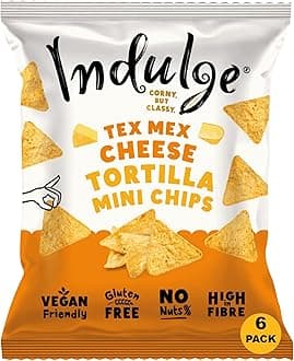– Indulge Tortilla Mini Chips - Tex Mex Cheese Flavour - Gluten Free, Low Salt, Low Fat, Nut Free, Vegan - 20g x 6 bags