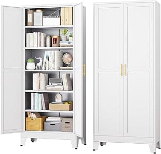 RISTERN White Metal Storage Cabinet,75" Steel File Cabinet for Home Office, Kitchen Pantry Storage Cabinet with Doors and 5 Adjustable Shelves, Tool Cabinet, for Office, Home, Garage, School