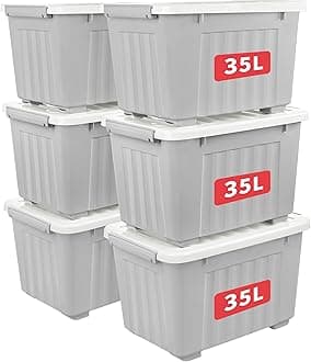 Cetomo 35L*6 Storage Boxes with Lids, Plastic Storage Box with Wheels and Secure Side Latches, Stackable & Nestable Organizer for Home, Office, Moving, PP, Gray, 35L-6 Pack