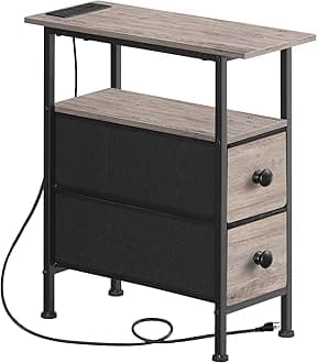 HOOBRO End Table with Charging Station, Narrow Side Table with 2 Fabric Drawers, Skinny Nightstand with Storage, Slim Bedside Table for Living Room, Small Spaces, Greige and Black BG487UBZ01