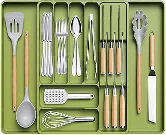 Lifewit Silverware Organizer for Kitchen Drawer, Expandable Utensil Tray with Removable Knife, Adjustable Cutlery Flatware Holder, Plastic Spoon Forks Holder Storage Divider, Large, GreenRecycled Claim Standard 100