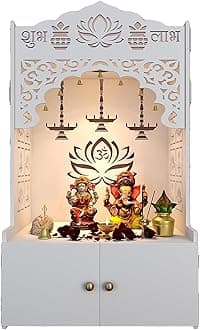 Lotus Pattern Wooden Pooja Mandir for Home with Spacious Shelf I Inbuilt Focus Light I White Finish - 109 cm- Temple for Home White Large