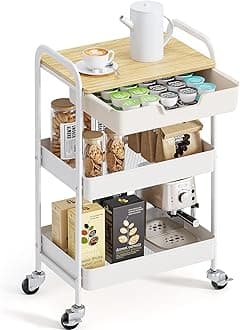 TOOLF 3-Tier Metal Utility Rolling Cart with Drawer and Wooden Table Top, Storage Cart White Trolley Kitchen Organizer Rolling Desk with Locking Wheels for Office, Classroom, Home, Bedroom