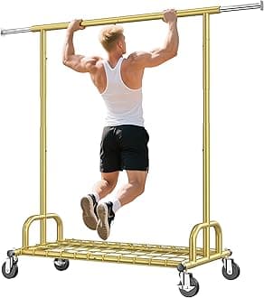 Heavy Duty Clothes Rack, Gold Clothing Racks for Hanging Heavy Clothes 200+, Rolling Clothing Rack Load 530 LBS, Extendable & Adjustable Portable Commercial Garment Rack with Wheels, Gold