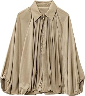 Women’s Puffed Bomber Jacket Trendy Lapel Collar Long Batwing Sleeve Front Zip Oversized Shirts