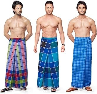 Dhoti/Sarong Coverups/Wrap For Men | 100% Cotton Indian Traditional Lungi Checked Design Dress | Long Sarong Cover Ups For The Beach | 3 Handloom Piece Combo Pack Comfortable