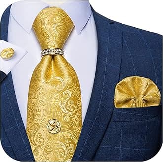 DiBanGu Tie Set for Men Solid Color Necktie, Gold Tie Tack, Gold Tie Ring, Pocket Square, Cufflinks Formal Mens Silk Tie