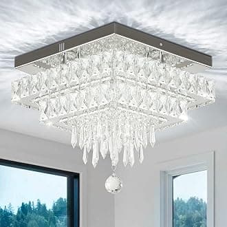 Finktonglan 13" Square Crystal Ceiling Light Flush Mount, Modern Multi-Layer LED Crystal Chandelier, Cool White 6500K, Non-Dimmable No Remote for Bedroom Entryway Dining Room Living Room