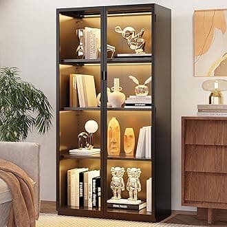 Eltean Display Cabinet with Glass Doors and LED Lights, Glass Display Cabinet with 3 Adjustable Shelves,4 Tier of Storage Space Curio Cabinet for Bedroom Living Room Homeoffice Dining Room