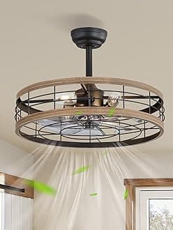 LEDIARY 22 inch Caged Ceiling Fan with Light, Fandelier Industrial Ceiling Fan with Remote, Farmhouse Fan Lights Ceiling Fixtures for Kitchen, Bedroom, Outdoor（6 Speed, Timing）-Brown