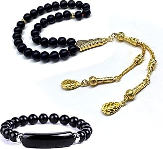 Black Agate Stone Prayer Beads and Bracelet - Worry Beads - Tesbih - Tasbih - Tasbeeh - Misbaha - Masbaha - Subha - Sebha - Rosary (Black Agate Stone/Gold Tassel)