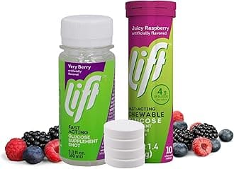 Lift Glucose Fast-Acting Glucose Support Bundle – Very Berry Juice Shots (2.0 fl oz, 12-Pack) + Raspberry Chewable Tablets (10 ct Tubes, 12-Pack), Caffeine-Free