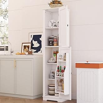 Function Home Tall Storage Cabinet, 64" Narrow Bathroom Cabinets, Freestanding Kitchen Pantry with Door Storage Shelves, Wooden Slim Floor Cabinets for Kitchen Dining Living Room, White