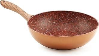 Copper Stone Wok Non Stick - Durable 28cm Stainless Steel Wok with Aluminium Core, Suitable for Gas, Induction, Electric and Ceramic Hobs - Dynamic Heat Distribution and Wood-Effect Handle