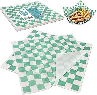 [250 Sheets] 12x12 Inch Deli Paper Sheets Sandwich Wrap - Green and White Checkered Food Basket Liners, Grease Resistant Wrapper for Barbecue Restaurants, Picnics, Parties, Kids Meal, Outdoor Fair