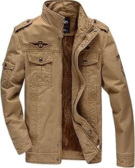 KEFITEVD Outwear Winter Jacket Military Cargo Field Front Zip Cotton Fleece Coats for Men Khaki(Size: XXL)
