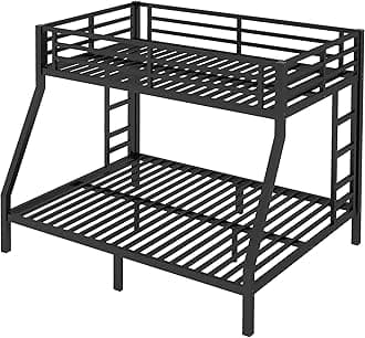 Twin Over Full Bunk Bed with 2 Ladder and Full Length Guardrail, Twin Over Full Bunk Bed for Teens, Kids, Black
