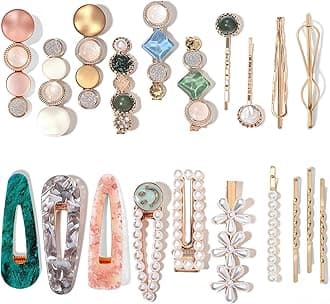 Mehayi 20 PCS Pearls and Acrylic Resin Hair Clips, Handmade Hair Barrettes, Marble Alligator bobby pins, Glitter Crystal Geometric Hairpin, Elegant Gold Hair Accessories, Gifts for Women Girls