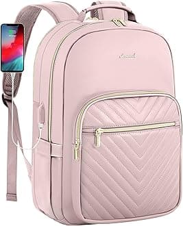 LOVEVOOK Leather Backpacks for Women,15.6 inch Leather Laptop Backpack Women Computer Backpack Laptop Bag,Stylish Quilted Travel Backpack Purse Work College Teacher Backpacks with USB Port,Rose Pink