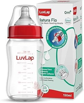 Natura Flo Wide Neck Glass Feeding Bottle, New Born/Infants/Toddler Upto 3 Years, BPA Free, Ergonomic Shape is Easy to Hold, with Anti Colic Nipple, 150ml