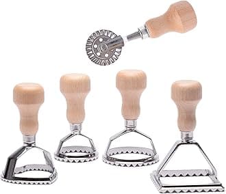 MASTER FENG Ravioli Stamp Maker Cutter with Roller Wheel Set, Mold with Wooden Handle and Fluted Edge, Pasta Press Kitchen Attachment (MF-12456)