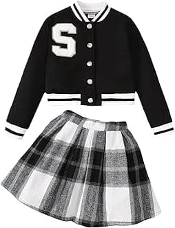 Girls 2 Piece Outfits Skirt Set Button up Jacket Sweatshirt and Pleated Mini Skirts Fall Winter Clothes Size 7-14Y