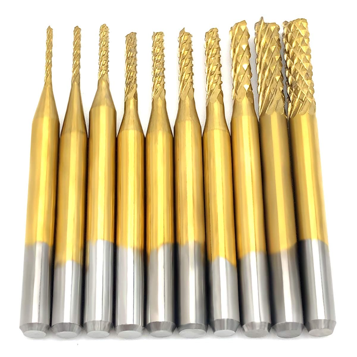 Carbide CNC Rotary Bits, End Mill Burrs Milling Bit with Titanium Plating, Eaninno 10 PCS Engraving Bit Drilling Hole Tool Set for PCB SCM Circuit Board Plastic Fiber Wood (0.8-3.175 mm)
