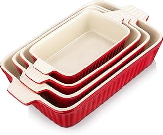 Bakeware Set of 4, MALACASA Porcelain Baking Pans Set for Oven, Casserole Dish, Ceramic Rectangular Baking Dish Lasagna Pans for Cooking Cake Pie Dinner Kitchen, Red (9.5"/11.25"/12.75"/14.5")