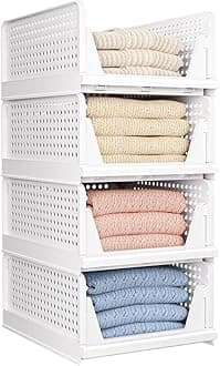 CLAPONE 4 Pack Folding Closet Organizers Storage Box Plastic Closet Organizer,Stackable Plastic Storage Basket,Drawer Organizers for Clothing(White)