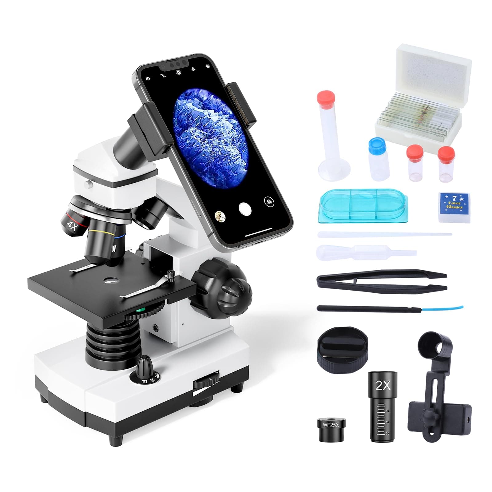 Microscope for Students and Kids, 100-2000x Magnification Powerful Biological Educational Microscopes with Operation Accessories(10p), Slides Set(15p), Phone Adapter, Wire Shutter & Backpack