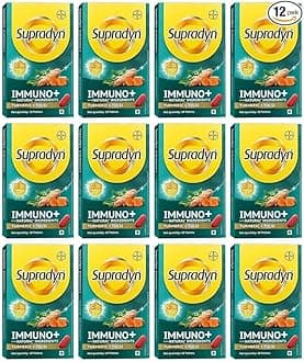 Supradyn Immuno +, Multivitamin Vit C, Vit D, Zinc, Unique blend of Tulsi, Turmeric, Shatavari & Ashoka, Pack of 12 x 10 Tablets