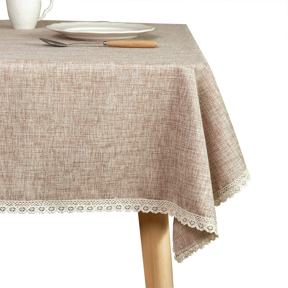 Linen Rustic Burlap Washable Tablecloth,Solid Heavy Weight Tan 60 x 120 Rectangle Overlay Lace Edge Table Cover for Kitchen Dinning Decoration