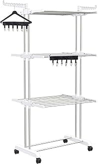 Synergy - Premium Heavy Duty Stainless Steel Clothes Drying Stand | Cloth Dryer Stand | Cloth Stand for Drying Clothes Foldable | Cloth Drying Stand with EZEE Clipper (3 Tier) White - SY-CS21-COMBO