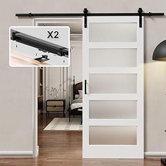 36 x 84 Inch Glass Barn Doors and 6.6FT Hardware Included, Pre-Drilled Easy Assembly, White Sliding Barn Door with Heavy Duty 1/6 Inch Tempered Frosted Glass for Interior